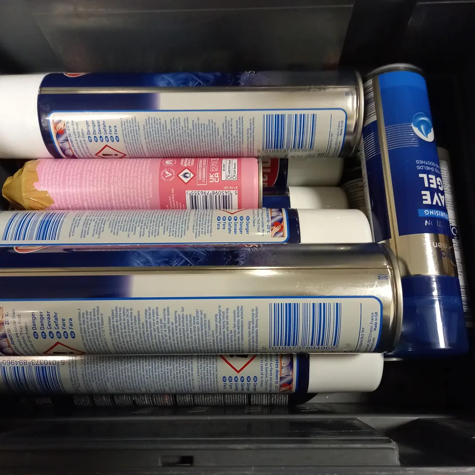 BOX OF APPROXIMATELY  15 ASSORTED AEROSOLS TO INCLUDE CARPLAN DE-ICER, LACURA SHAVE GEL, LACURA DEODORANT ETC - COLLECTION ONLY