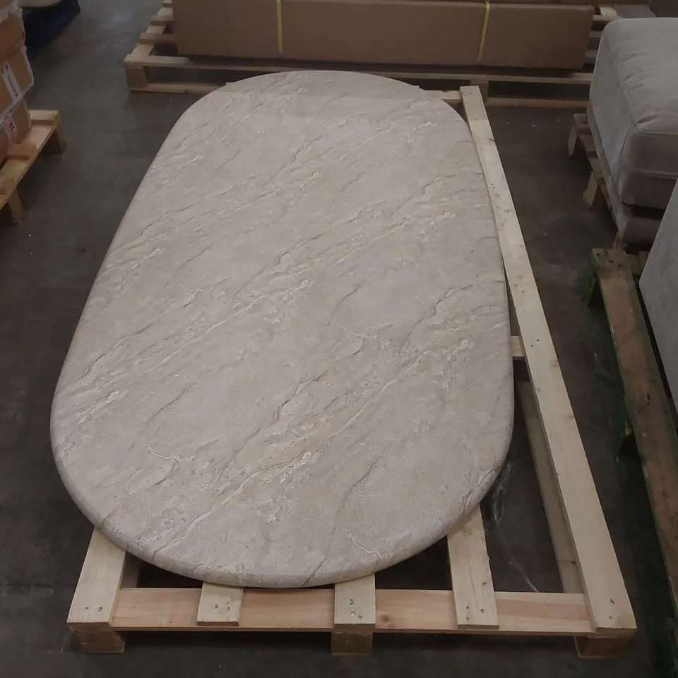 NOVARA 220CM OVAL TRAVERTINE-EFFECT DINING TABLE - REQUIRES ASSEMBLY (2 ITEMS)