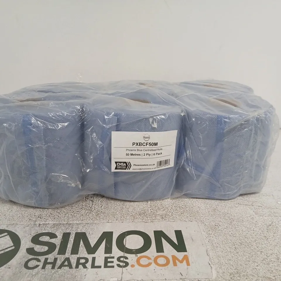 PHOENIX BLUE CENTREFEED ROLLS – 50M, 2-PLY, 6 PACK