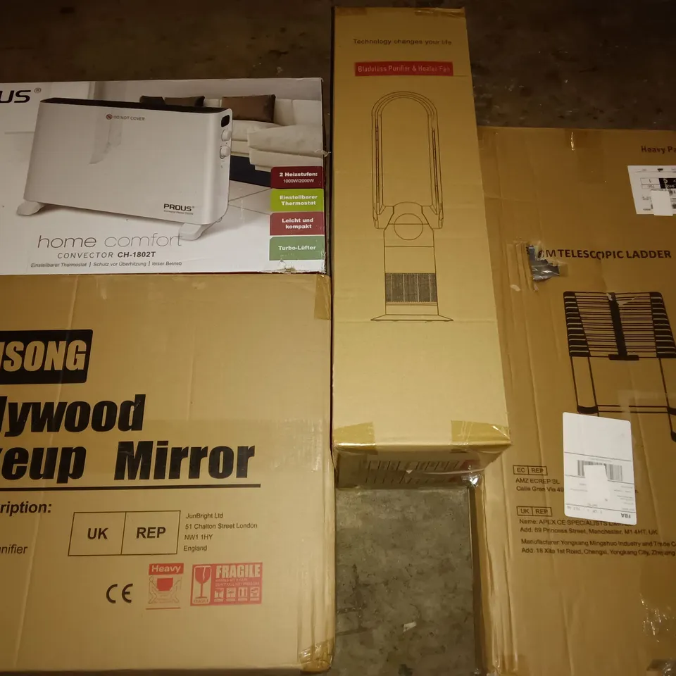 PALLET OF ASSORTED ITEMS TO INCLUDE HOLLYWOOD MAKEUP MIRROR, CONVECTOR HEATER AND TELESCOPIC LADDER