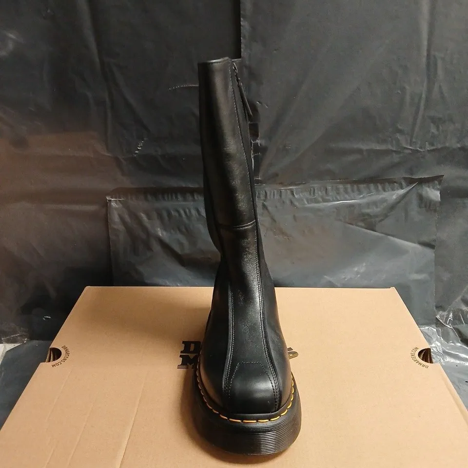 DR. MARTENS BLACK LEATHER KNEE-HIGH BOOTS WITH BUCKLE STRAP – PLATFORM SOLE, BOXED UK 5