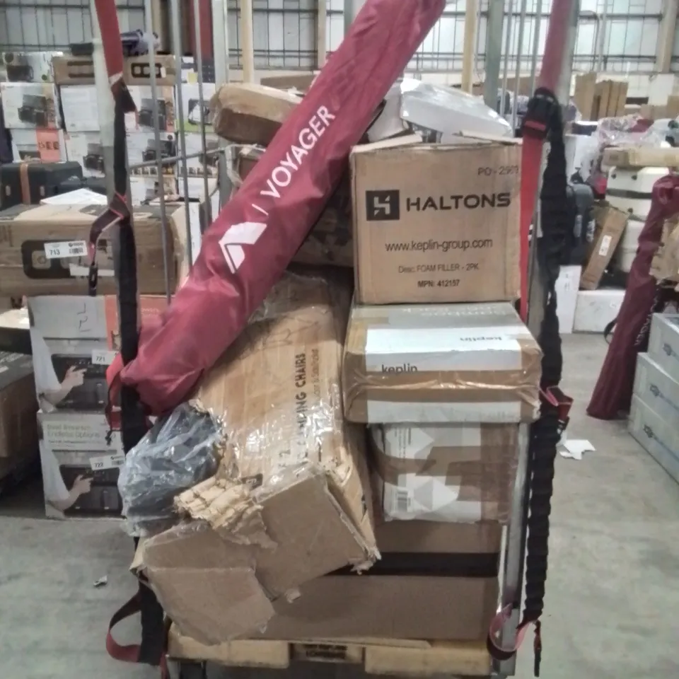 CAGE OF ASSORTED HOUSEHOLD GOODS AND PRODUCTS TO INCLUDE;CAMPING CHAIR,SUITCASE,FOAM FILLER,SHOERACK,PEPPER PIG DRAWING PAD