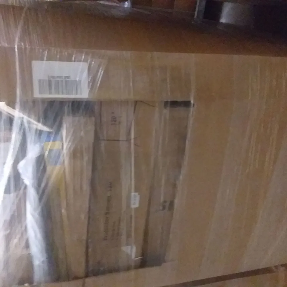 PALLET OF ASSORTED ITEMS INCLUDING FOLDING SMALL TRAMPOLINE, LARGE WALL MOUNT CLOCK, PROJECTOR SCREEN 120", TENNIS RACKET, 