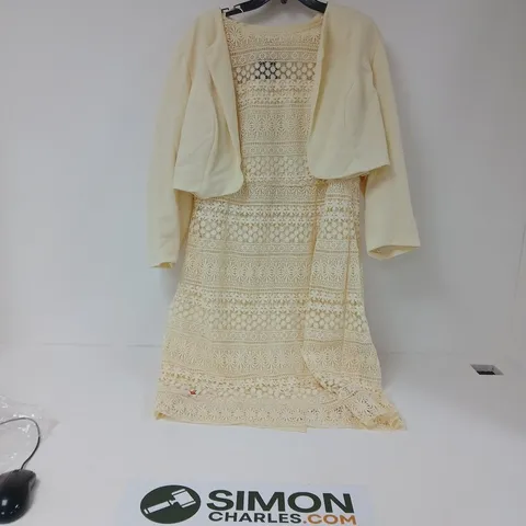 Kaleidoscope pale yellow Lace Dress with Cropped Jacket, UK 20