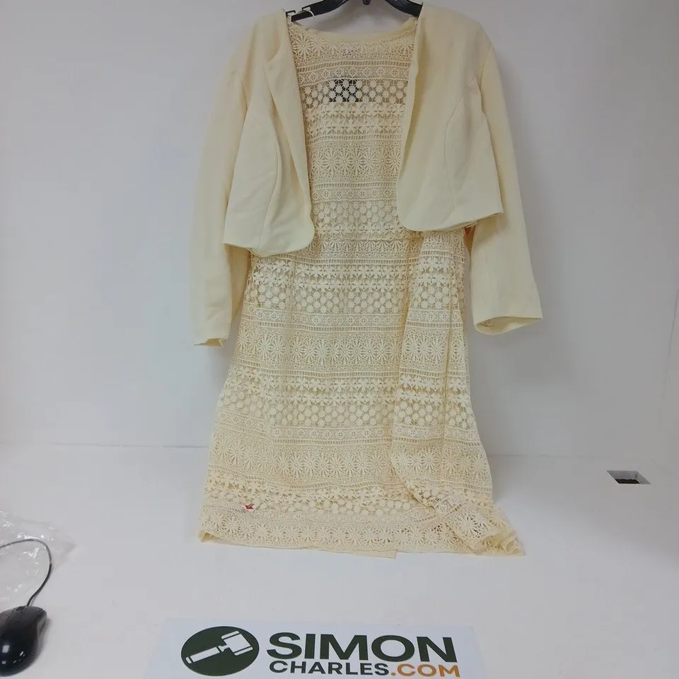 Kaleidoscope pale yellow Lace Dress with Cropped Jacket, UK 20