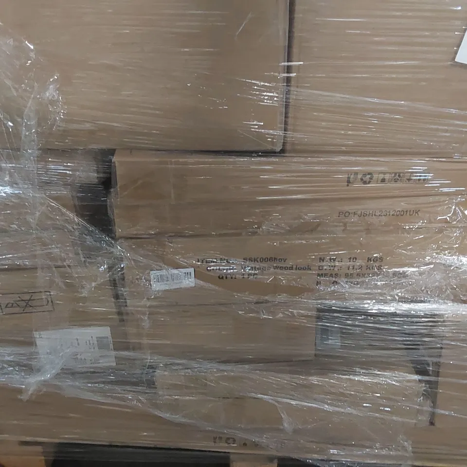 PALLET CONTAINING A LARGE ASSORTMENT OF FURNITURE ITEMS INCLUDING: RETRO CABINET, BLACK/LIGHT WOOD LOOK SHELVES, NIGHTSTAND ECT ECT