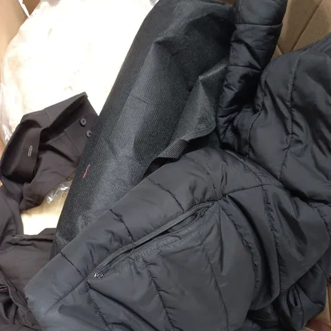 LARGE BOX OF ASSORTED CLOTHING TO INCLUDE - COATS - JUMPERS  - DRESSES - TROUSERS 