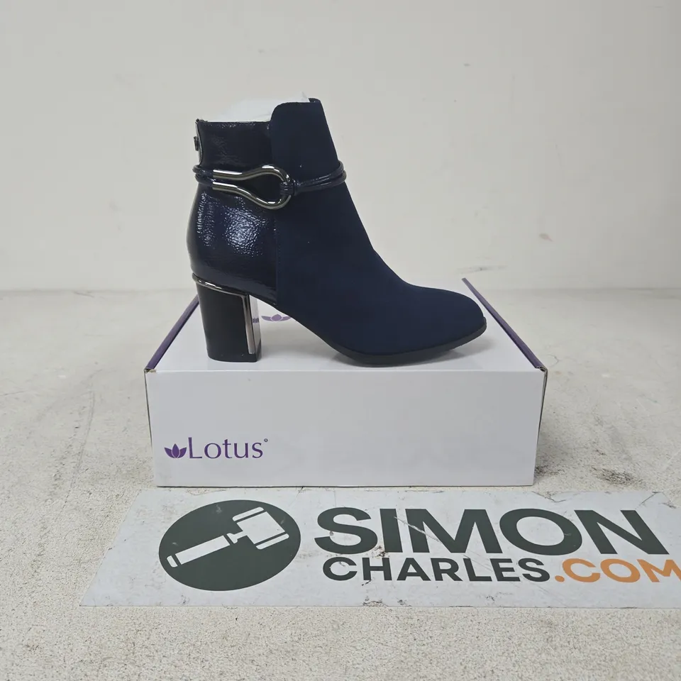 LOTUS WOMEN'S BLUE ANKLE BOOT WITH METAL STRAP DETAIL AND BLOCK HEEL SIZE 4