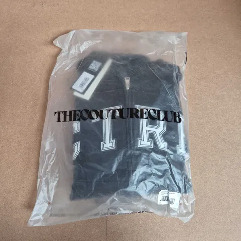 BAGGED THE COUTURE CLUB APPLIQUE ZIP THROUGH HOODIE IN BLACK - UK 8