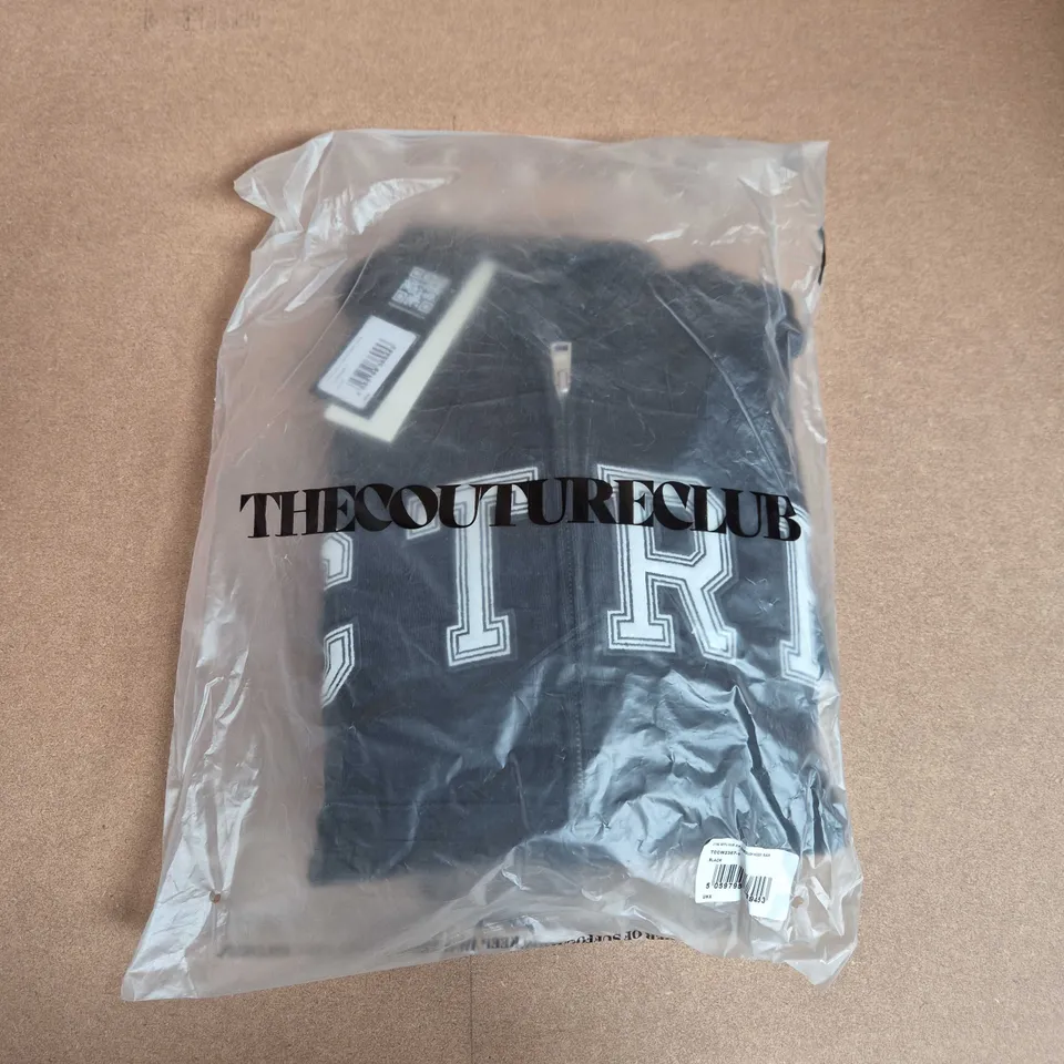 BAGGED THE COUTURE CLUB APPLIQUE ZIP THROUGH HOODIE IN BLACK - UK 8