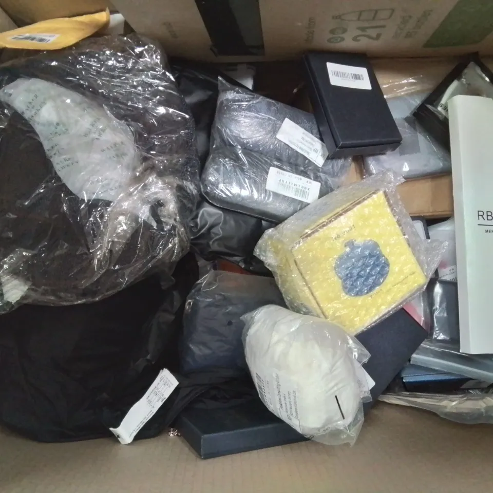 BOX CONTAINING LARGE AMOUNT OF MIXED FASHION ITEMS, SILVER PLATE AND COSTUME JEWELLERY, CLOTHING ITEMS ETC.