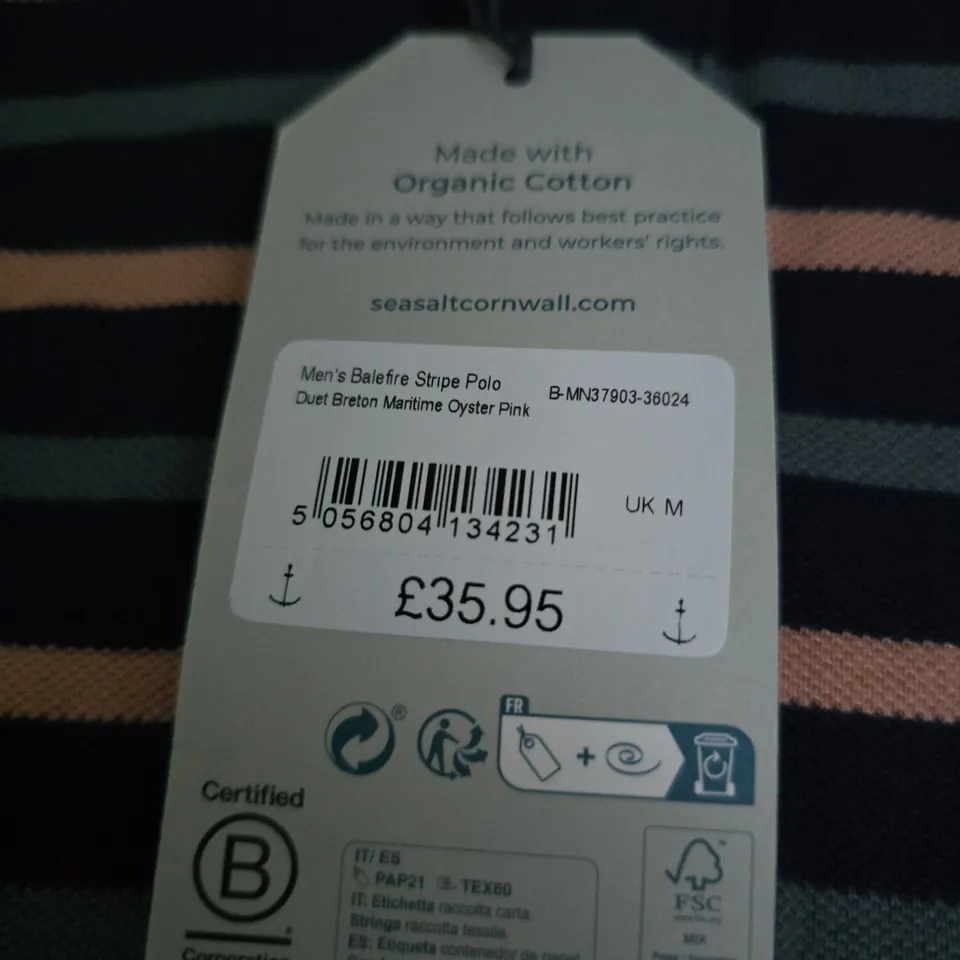 SEASALT CORNWALL MEN'S BALIFRE STRIPE POLO SHIRT – NAVY & OYSTER PINK (UK M)