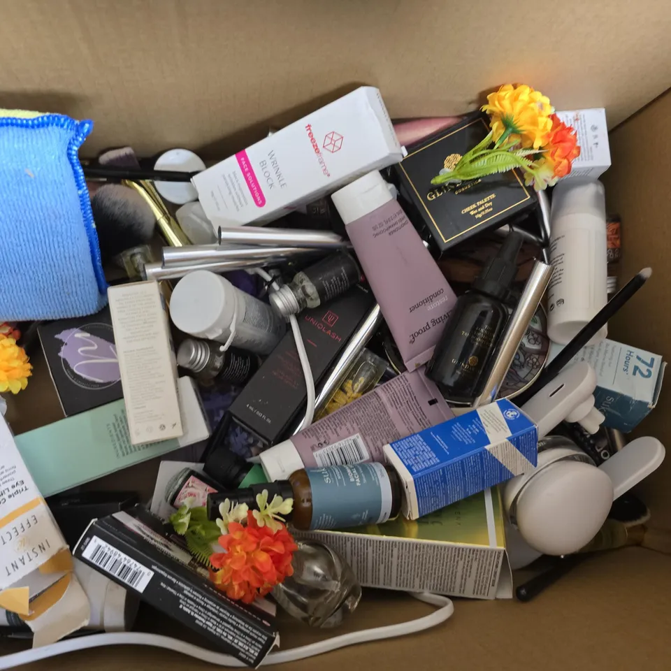 BOX OF APPROX 20 ASSORTED ITEMS TO INCLUDE FACIAL PEELING GEL, LASH SERUM, NAIL BUFFER, ETC