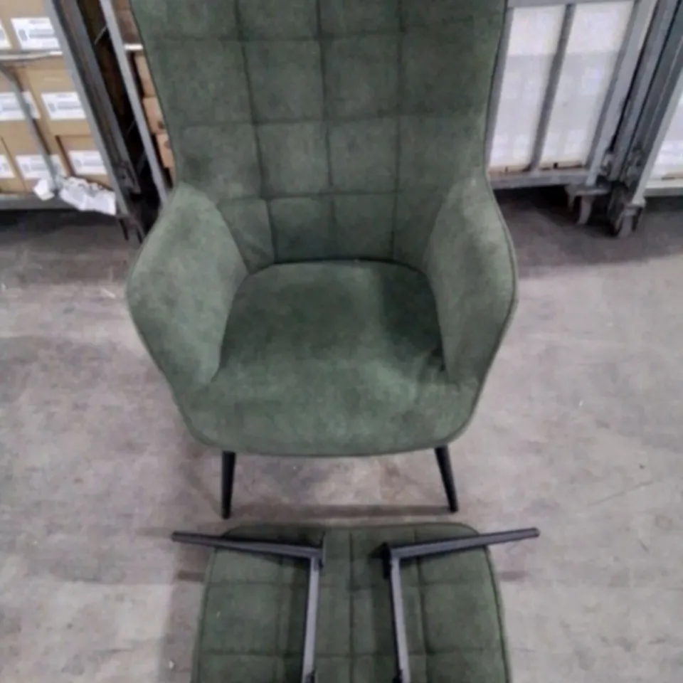 QUALITY DESIGNER GREEN FABRIC UPHOLSTERED ACCENT CHAIR AND FOOTSTOOL