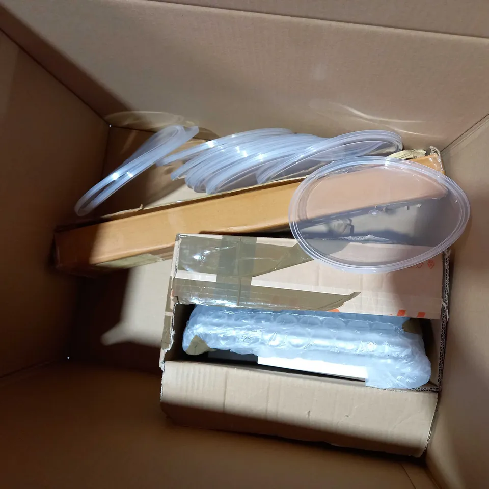 BOX OF APPROX 5 ITEMS TO INCLUDE TUPPERWARE BOWLS WITH LIDS, GLASS DECORATIV DECANTER AND SMALL SHELVING UNIT