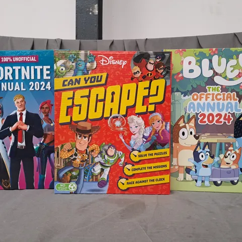 BOX OF APPROXIMATELY 10 ASSORTED BOOKS TO INCLUDE FORTNITE 2024 ANNUAL, DISNEY CAN YOU ESCAPE, BLUEY OFFICIAL 2024 ANNUAL, ETC