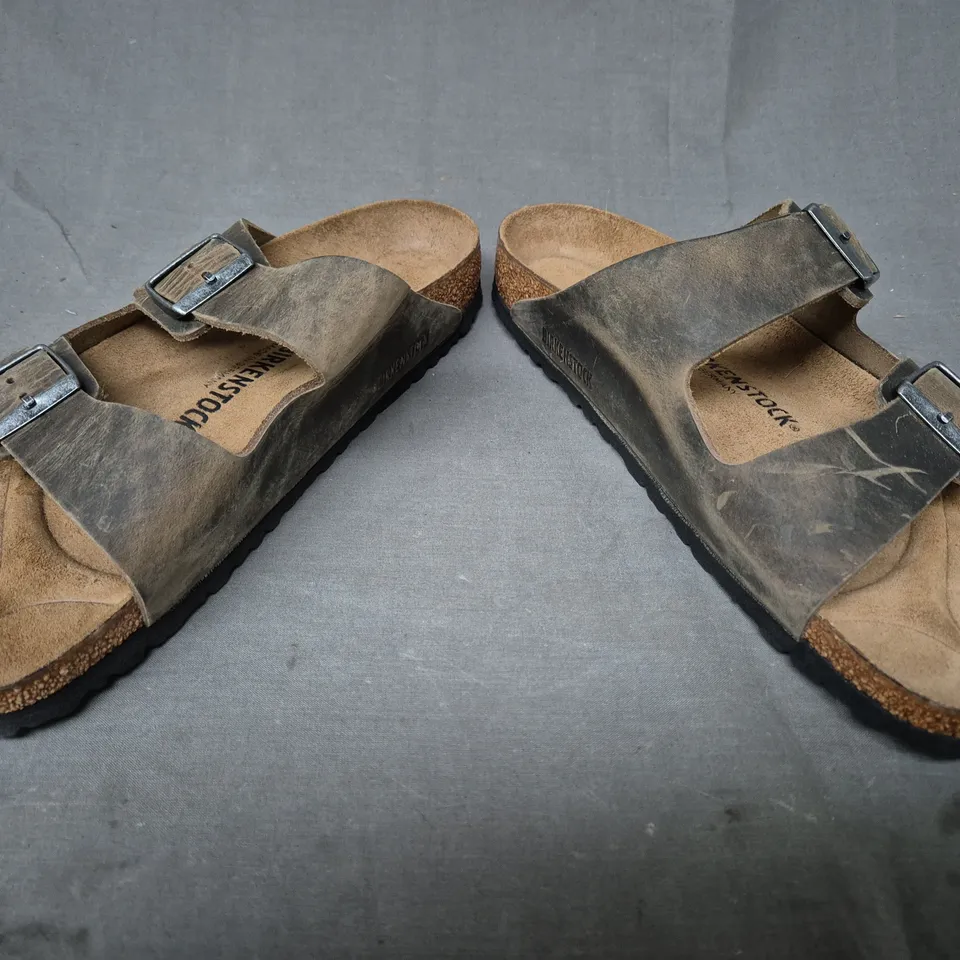 BOXED PAIR OF BIRKENSTOCK OPEN TOE 2-STRAP SANDALS IN WORN BROWN EU SIZE 44