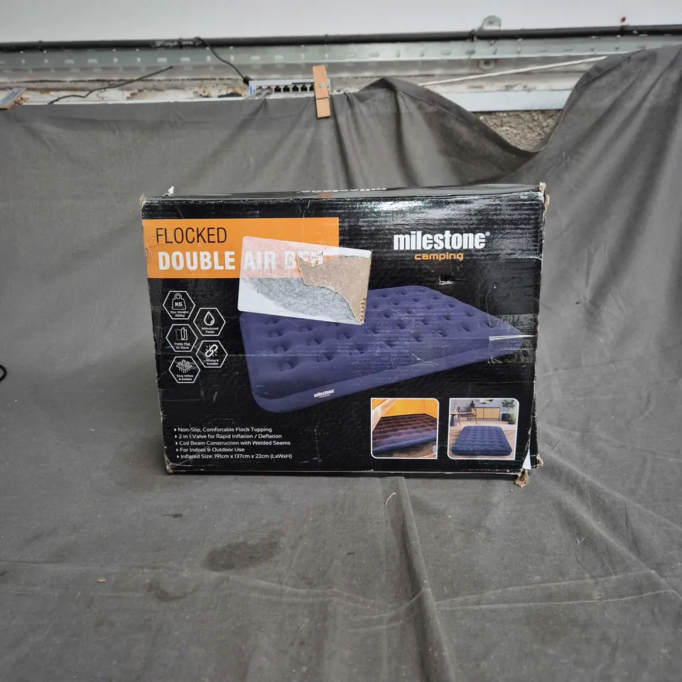 MILESTONE FLOCKED DOUBLE AIR BED – CAMPING INFLATABLE MATTRESS (BOXED)