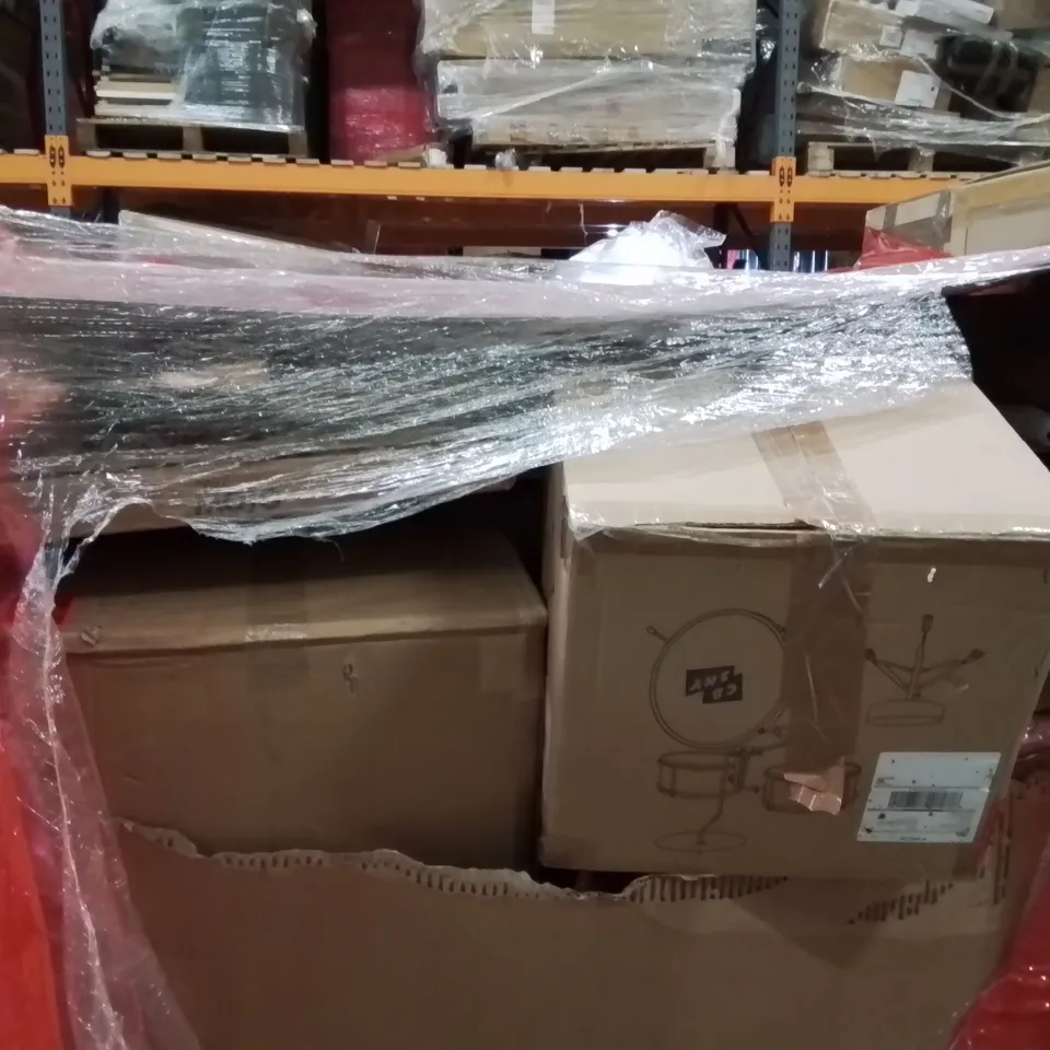 PALLET OF ASSORTED HOUSEHOLD GOODS AND PRODUCTS TO INCLUDE;PORTABLE MONITOR,FLOOR CUTTER,TV WALL MOUNT BRACKET 