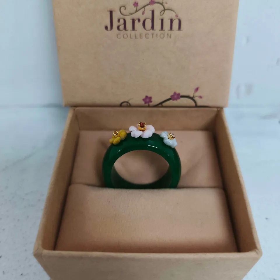 BOXED JARDIN COLLECTION - PINK MOTHER OF PEARL & MULTI GEMSTONES FLORAL BAND RING IN GREEN STERLING SILVER - SIZE R