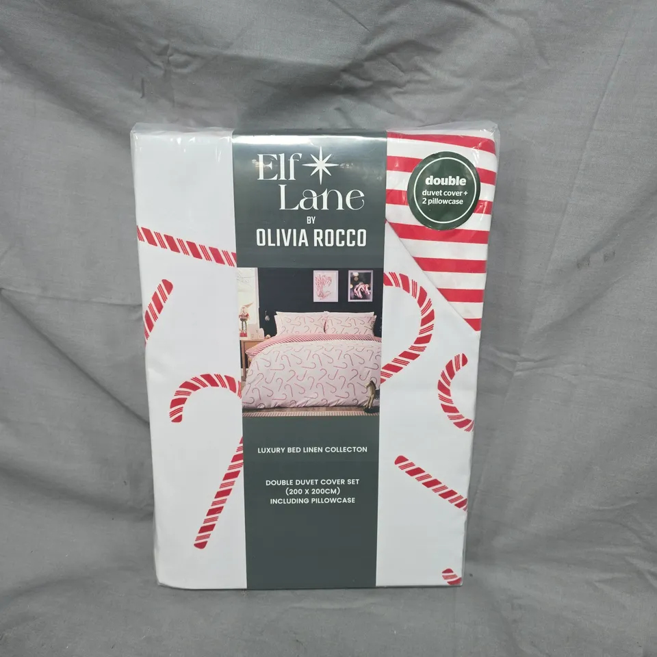 OLIVIA ROCCO ELF LANE CANDY CANE DOUBLE DUVET COVER SET IN WHITE MULTI