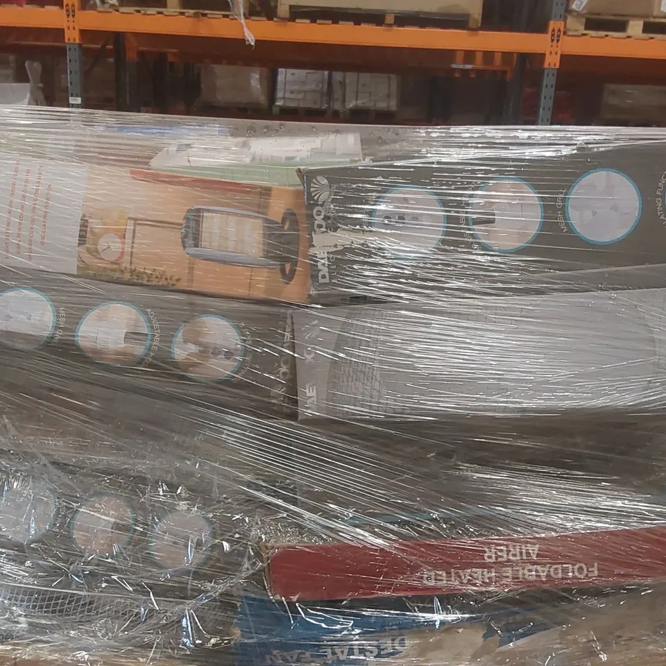 PALLET CONTAINING A VERY LARGE QUANTITY OF ASSORTED ELECTRIC ITEMS INCLUDING: DAEWOO PEDESTAL FAN, FOLDABLE HEATED AIRER, HALOGEN HEATER ECT