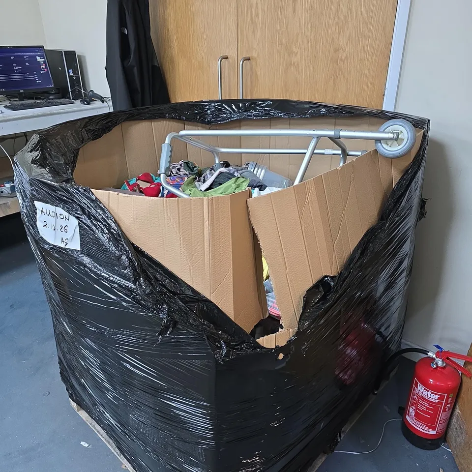 PALLET OF APPROX 50 ASSORTED ITEMS TO INCLUDE CLOTHING ITEMS , VIMMER FRAME AND STORAGE BOXES 