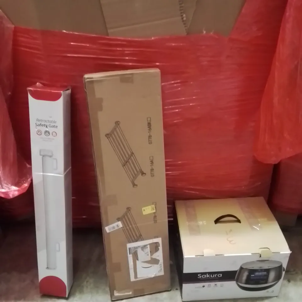 PALLET OF ASSORTED HOUSEHOLD GOODS AND PRODUCTS TO INCLUDE;RICE COOKER,RETRACTABLE SAFETY GATE,CLOTHES RAIL