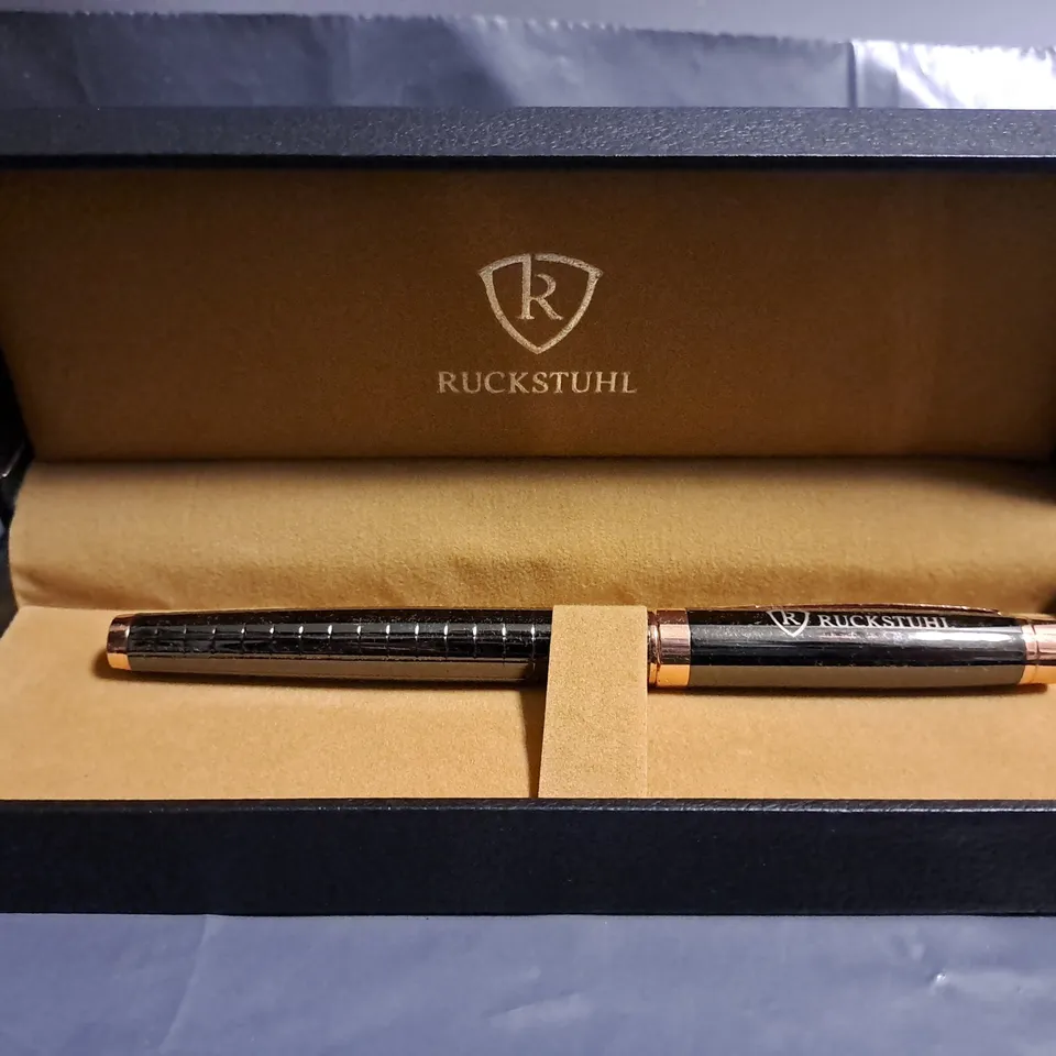 RUCKSTUHL STAINLESS STEEL LUXURY PEN IN GIFT BOX – BLACK & ROSE GOLD COLOUR CASE