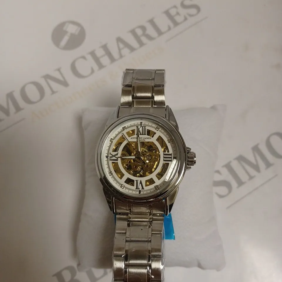 BOXED ANTHONY JAMES GENTS LIMITED EDITION SKELETON AUTOMATIC  STAINLESS STEEL WATCH - SILVER