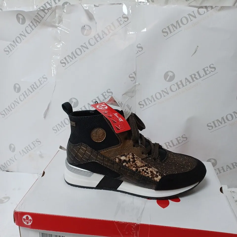 BOXED RIEKER BLACK SNAKE HIGH TOP TRAINERS, BLACK - SIZE 5