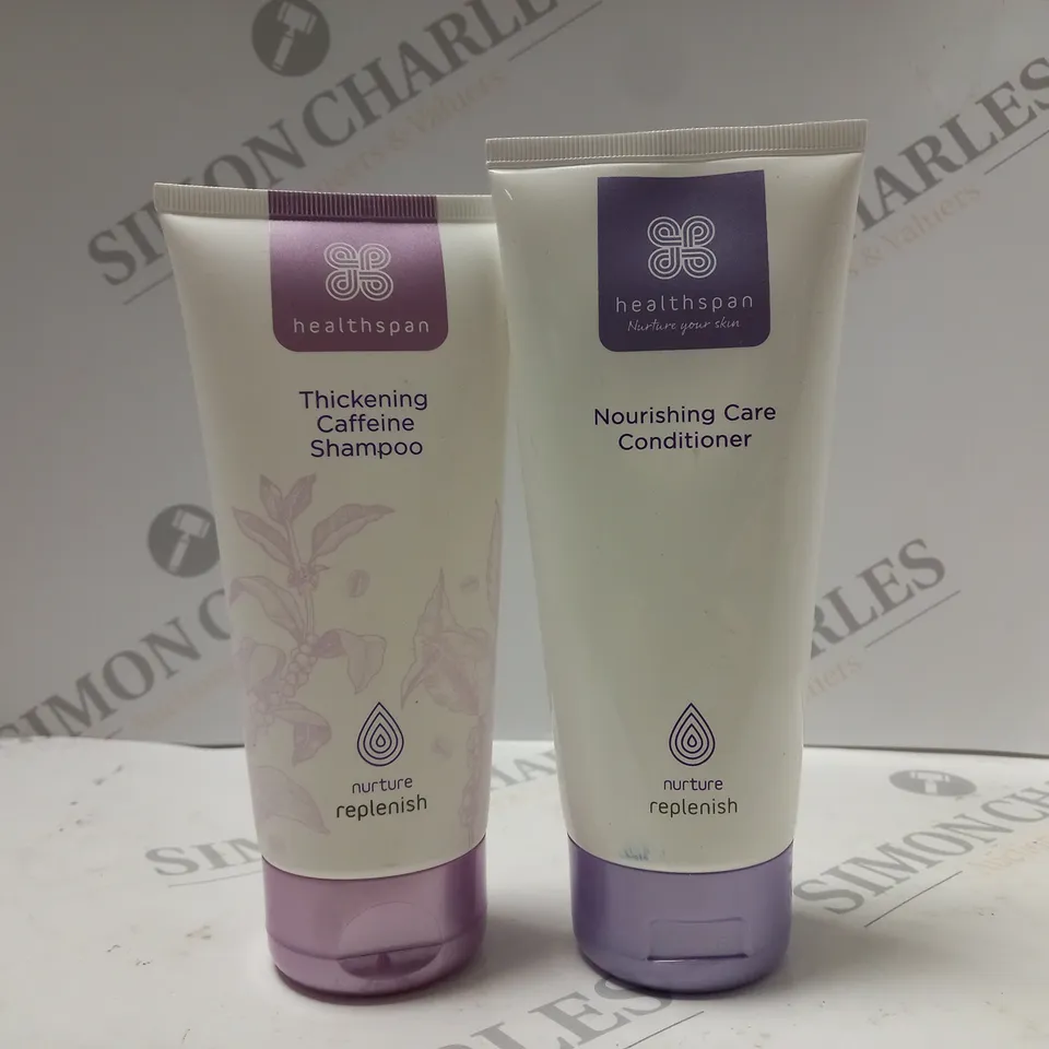 BOX OF 2 HEALTHSPAN PRODUCTS TO INCLUDE THICKING CAFFEINE SHAMPOO 200ML & NOURISHING CARE CONDITIONER 200ML