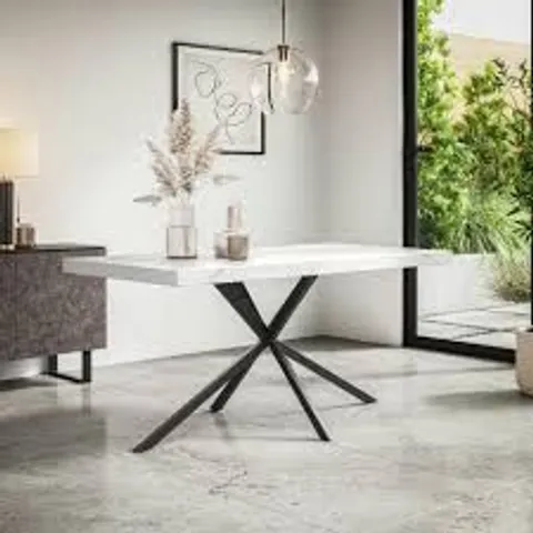 BOXED DONNI WHITE MARBLE-EFFECT DINING TABLE WITH BLACK LEGS (2 BOXES)
