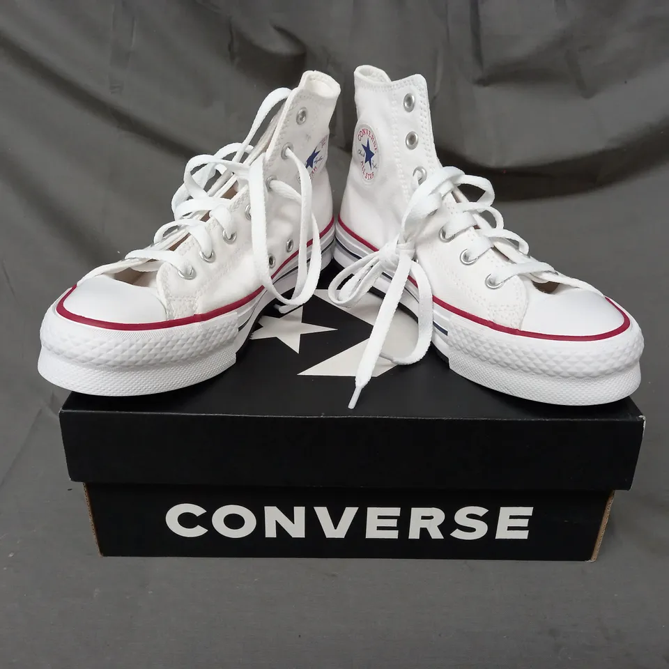 BOXED PAIR OF CONVERSE HI-TOP SHOES IN WHITE UK SIZE 3