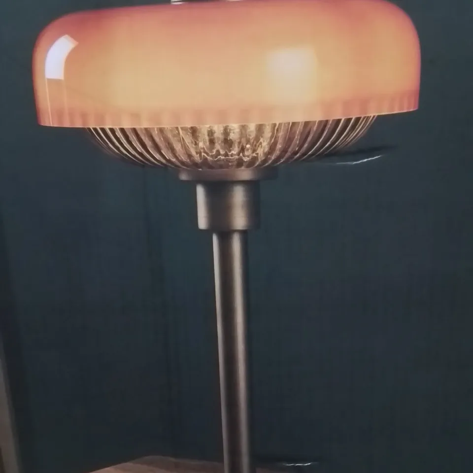 BOXED FLOYD TABLE LAMP ORANGE GLASS AND GREEN GLASS WITH BRASS PAINT