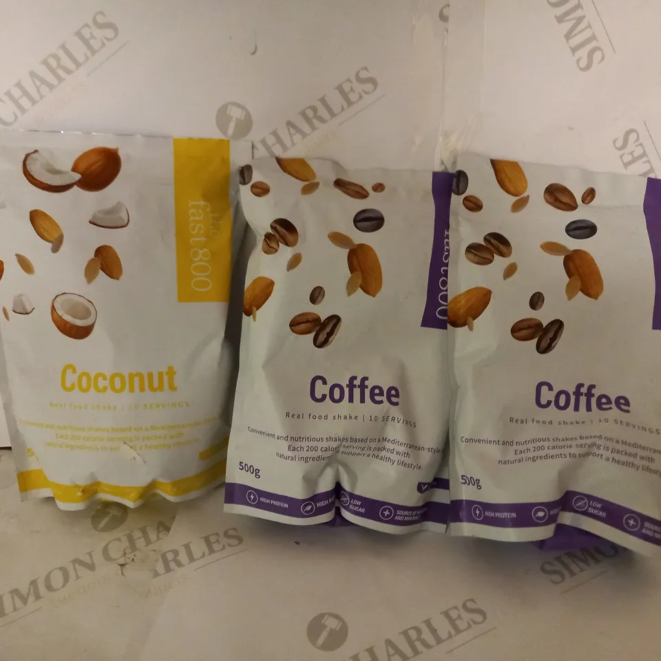 LOT OF 3 THE FAST800 REAL FOOD SHAKES (10 SERVINGS PER BAG, 3 x 500g) - 2 COFFEE FLAVOUR, 1 COCONUT FLAVOUR