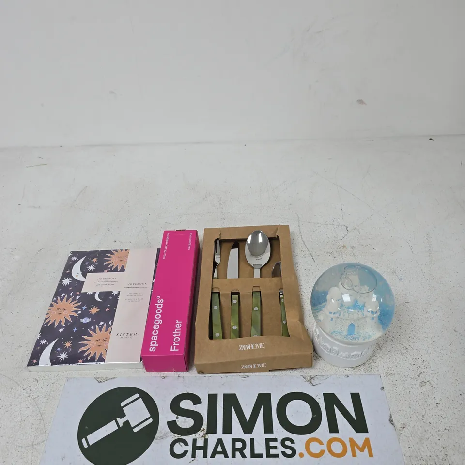 APPROXIMATELY 15 ASSORTED HOUSEHOLD PRODUCTS TO INCLUDE SPACEGOODS FROTHER, ZARA HOME CUTLERY SET AND A CELESTIAL NOTEBOOK