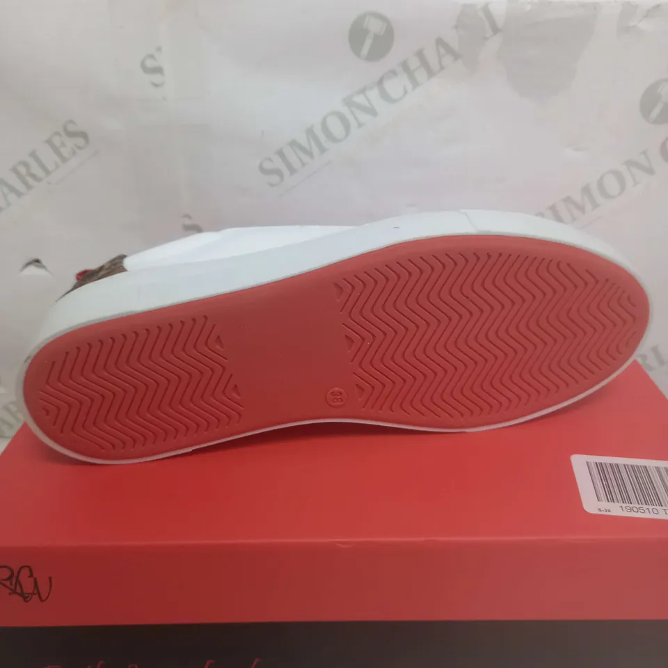 BOXED RUTH LANGSFORD TRAINER WITH ZIP DETAIL, WHITE LEOPARD, UK 5