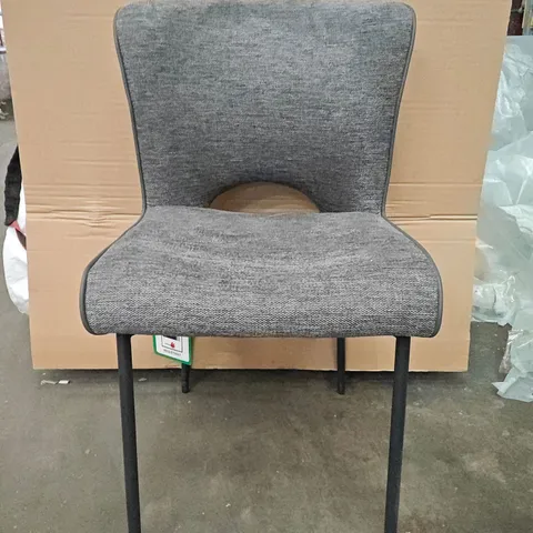 SET OF 3 GREY FABRIC DINING CHAIRS WITH CUT OUT BACKS ON METAL LEGS