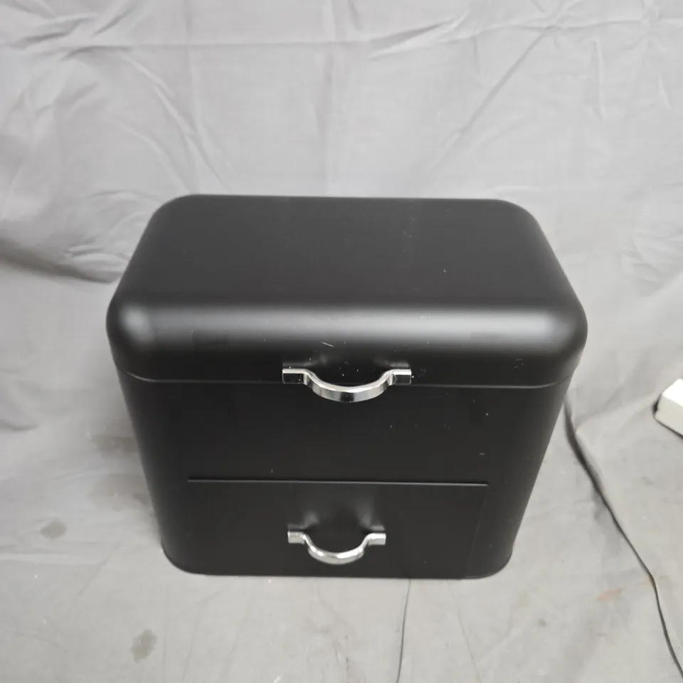 BLACK JEWELLERY BOX WITH LID AND TWO DRAWERS