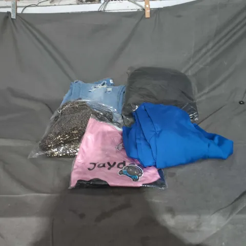 BOX OF APPROXIMATELY 20 ASSORTED CLOTHING ITEMS INCLUDING KIDS PINK SHIRT, LADIES GOLD PRINTED TOP, DENIM BLUE JEANS AND BLACK PADDED JACKET