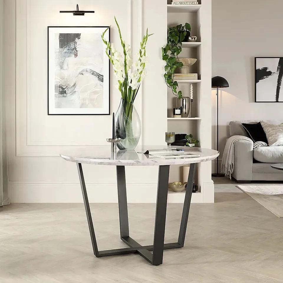 BOXED TRAVISO ROUND DINING TABLE, 120cm, GREY MARBLE EFFECT & BLACK STEEL (2 BOXES)