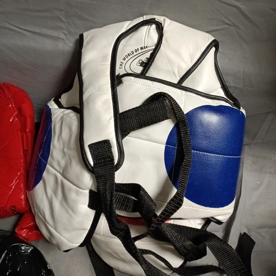 LOT OF PROTECTIVE MARTIAL ARTS EQUIPMENT TO INCLUDE GLOVES, HEADPIECE, SHIN GUARDS AND MORE