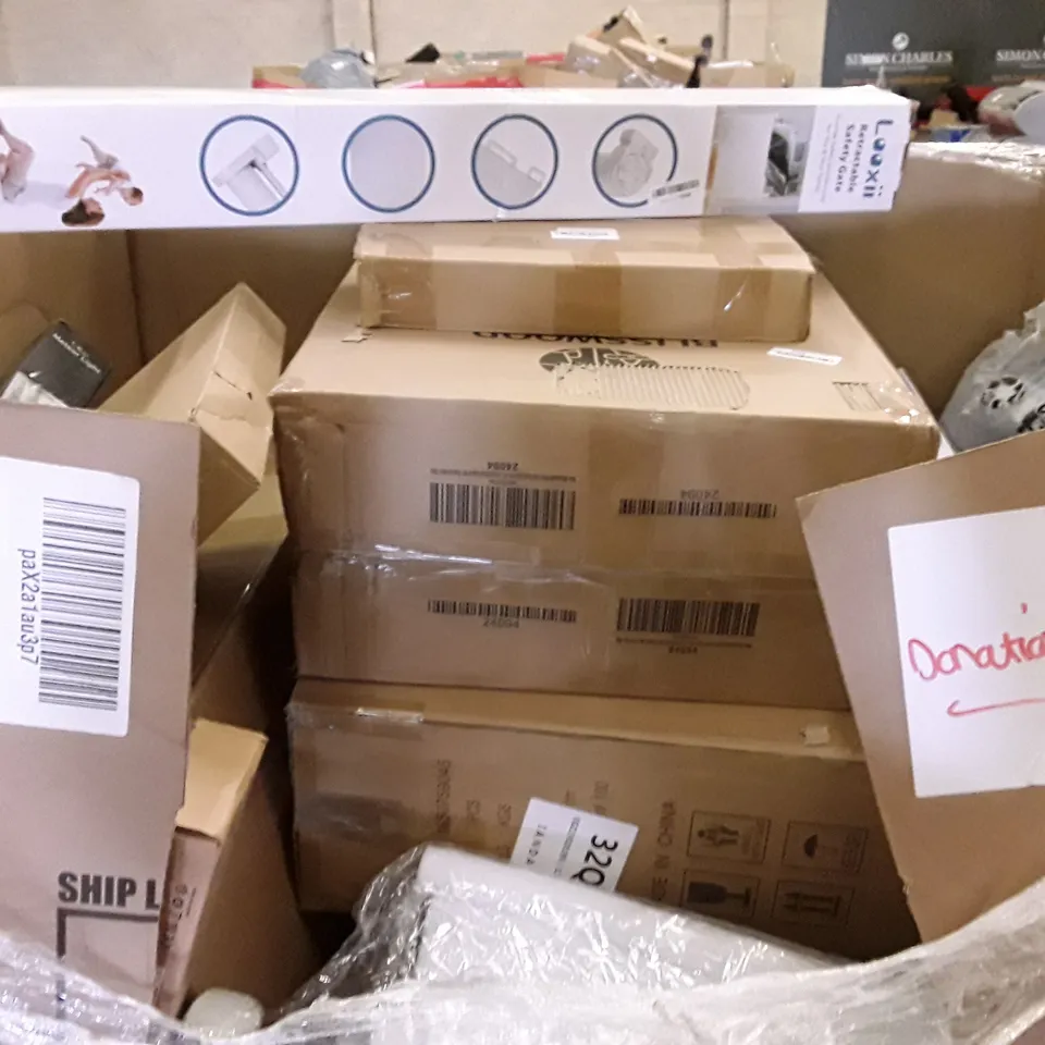 PALLET OF ASSORTED PRODUCTS INCLUDING OFFICE CHAIR, RETRACTABLE SAFETY GATE, ROLLER BLINDS, VINYL FLOOR CUTTER, LED METEOR LIGHT