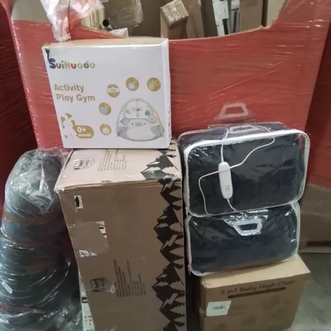 PALLET CONTAINING VARIOUS ASSORTED BOXED HOUSEHOLD ITEMS TO INCLUDE: BABY ACTIVITY GYM, HEATED THROWS, LARGE FOLDING CAMPING CHAIR, BABY WALKER AND LOTS MORE UNMARKED BOXED ITEMS 