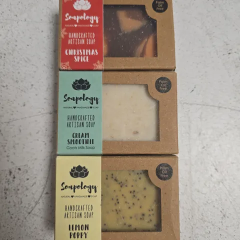 SOAPOLOGY HANDCRAFTED ARTISAN SOAP ASSORTED PACK (3 BARS) – LEMON POPPY, CREAM SMOOTHIE & CHRISTMAS SPICE