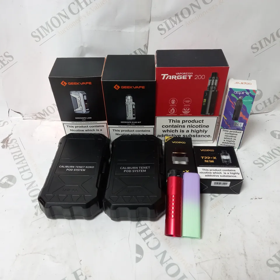 BOX OF APPROXIMATELY 10 ASSORTED E-CIG PRODUCTS TO INCLUDE GEEKVAPE, VOOPOO, ASPIRE 