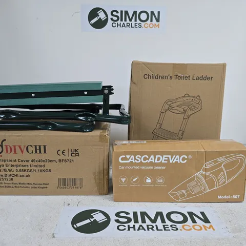 BOX OF APPROXIMATELY 5 ASSORTED ITEMS INCLUDING CASCADEVAC, A CHILDREN'S TOILET LADDER AND A TRANSPARENT COVER BY DIVCHI