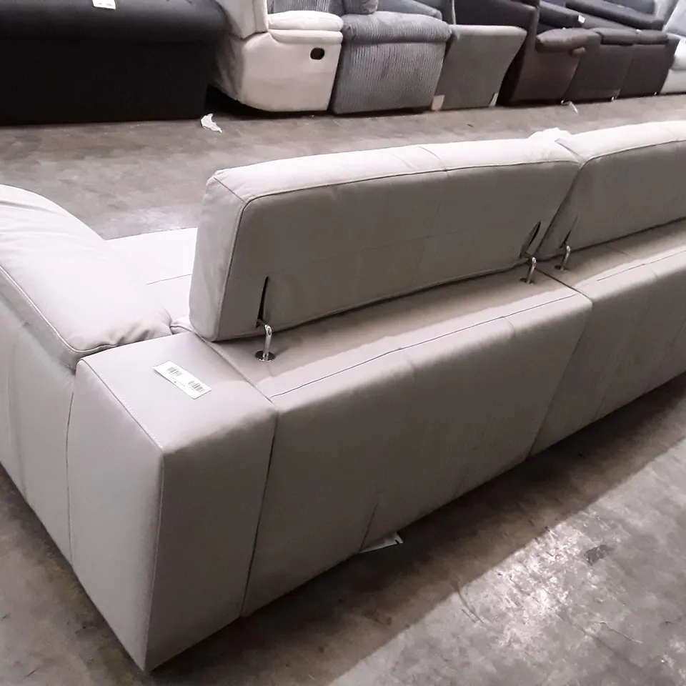 DESIGNER 4 SEATER SOFA WITH ADJUSTABLE HEADREST - LIGHT GREY LEATHER 