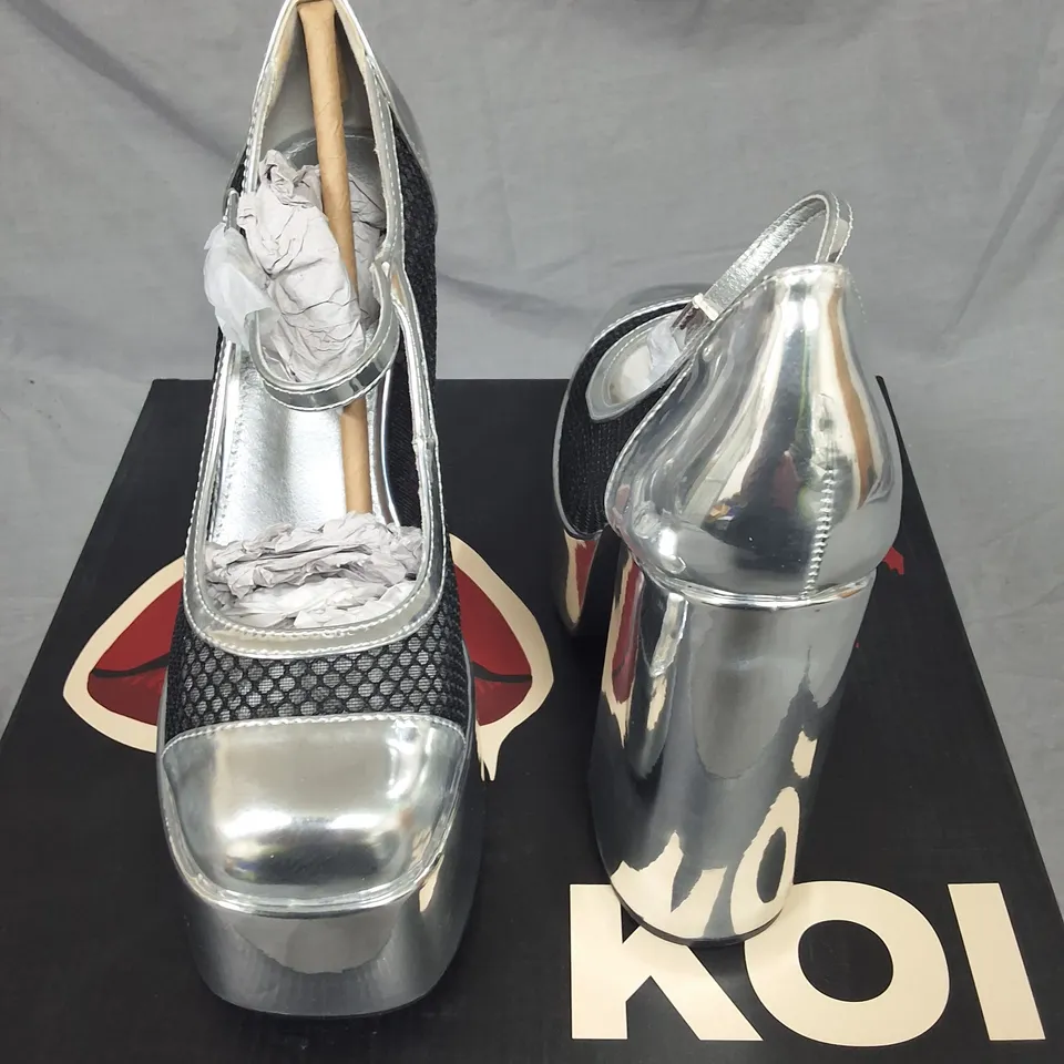 BOXED KOI ROCKY HORROR SHOW REGULAR FRANKIE FAN FISHNET PLATFORM HEELS - UK 4